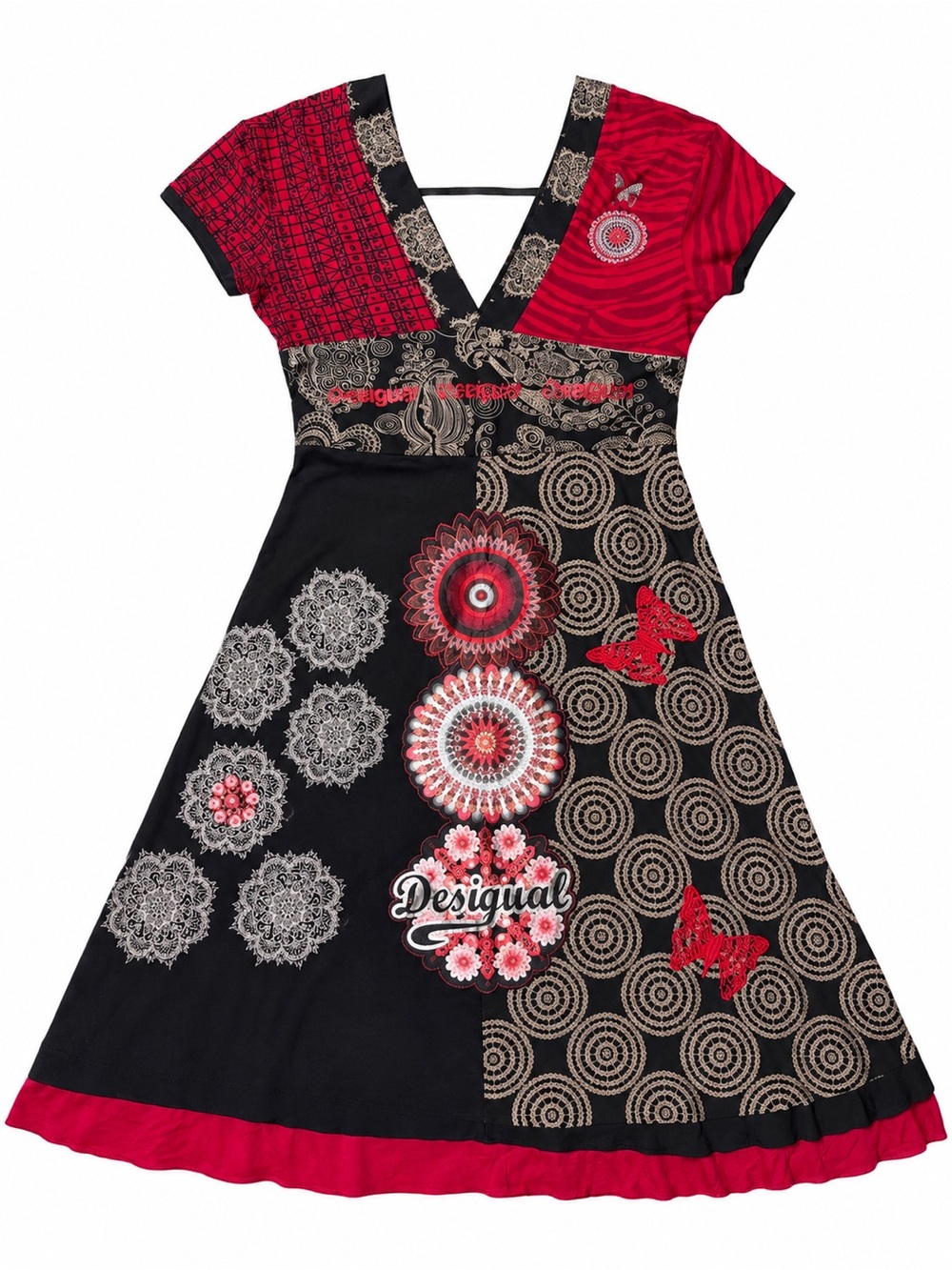 Desigual Red & Black Floral Patchwork Butterfly Dress M